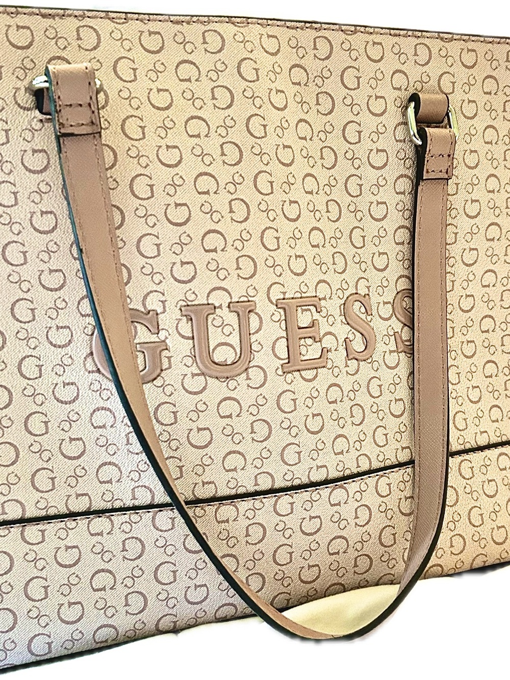 GUESS Blush Logo Monogram Tote with Blush Trim